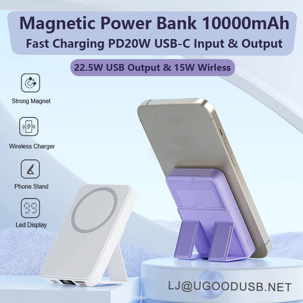Fast Charging Power Bank 10000Mah Mag Wireless Magnetic Power Bank with Foldable Stand and Led Display for Iphone Safe Powerbank